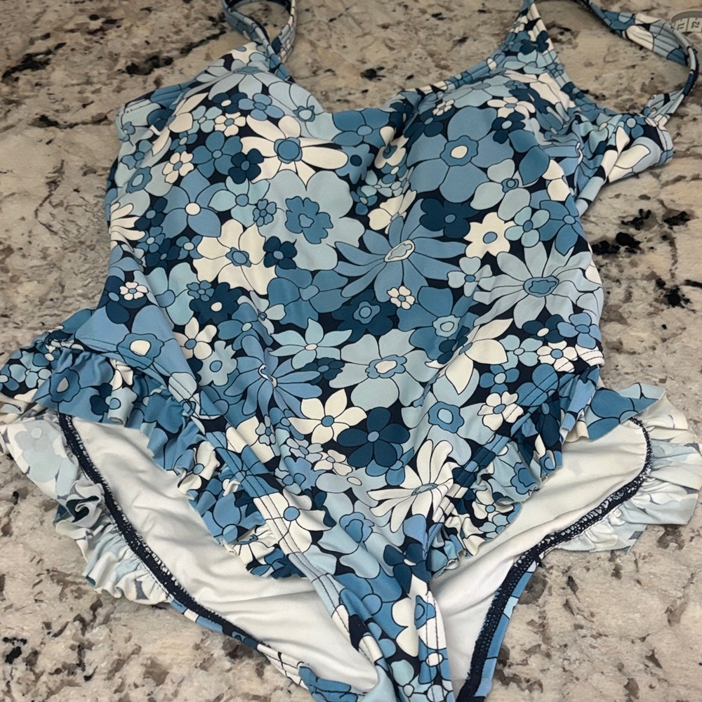 Women's Michael Kors Blue Floral One-Piece Swimsuit.